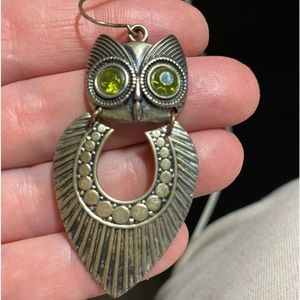 Earrings Silver tone gothic bohemian hook pierced owl earrings.Grn glass eyes